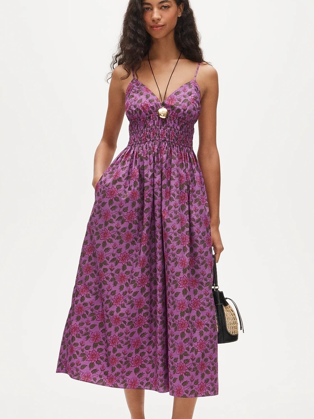 J. Crew Purple Floral Smocked Midi Dress with Spaghetti Straps